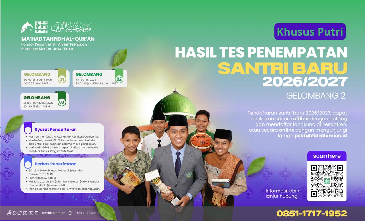 Hasil Ujian Penempatan Santri Baru Lulusan SD/MI (Putri) – Gelombang I & II Tahun 2026/2027