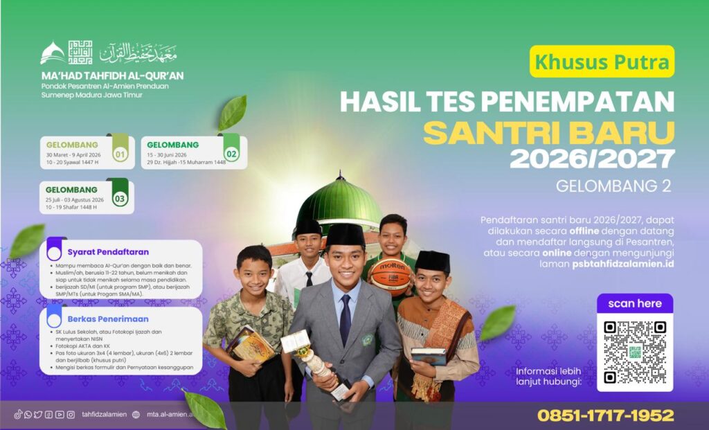 Hasil Ujian Penempatan Santri Baru Lulusan SD/MI (Putra) – Gelombang I & II Tahun 2026/2027